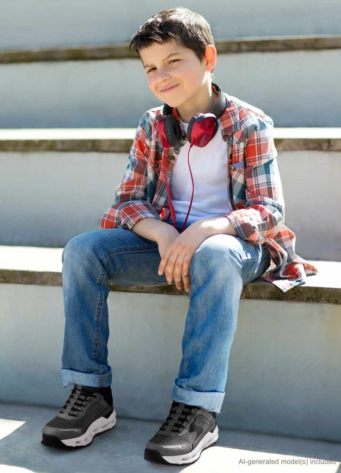 boy sitting with Skechers shoes